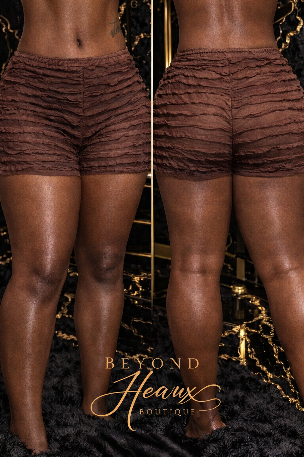 “Mocha Mirage” Sheer Ruched Shorts-brown