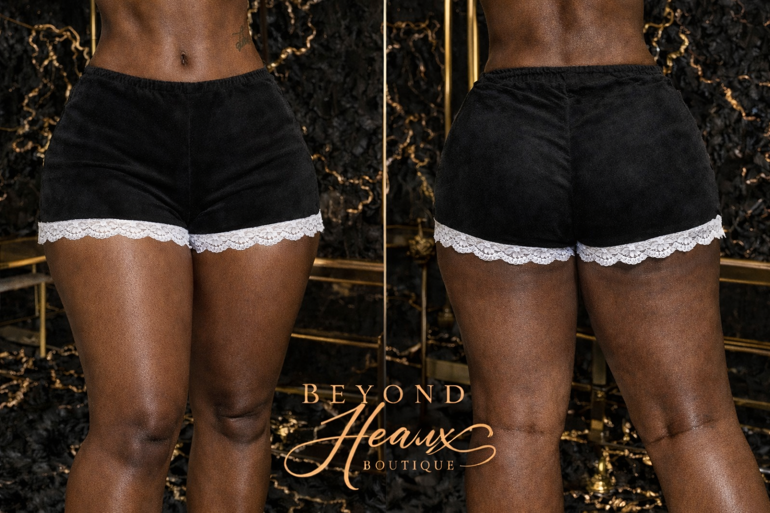 Beyond Heaux “Velvet Temptation” Lace Trim Shorts- black & white