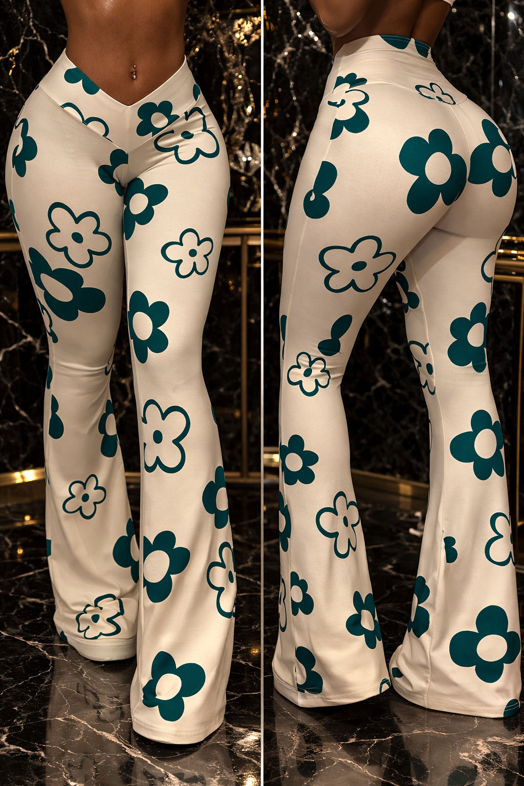 Beyond Heaux “Retro Bloom” Flare Pants- ivory & green