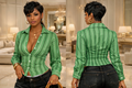 “Lucky Luxe Pinstripe Curve Blouse” - green/black/white
