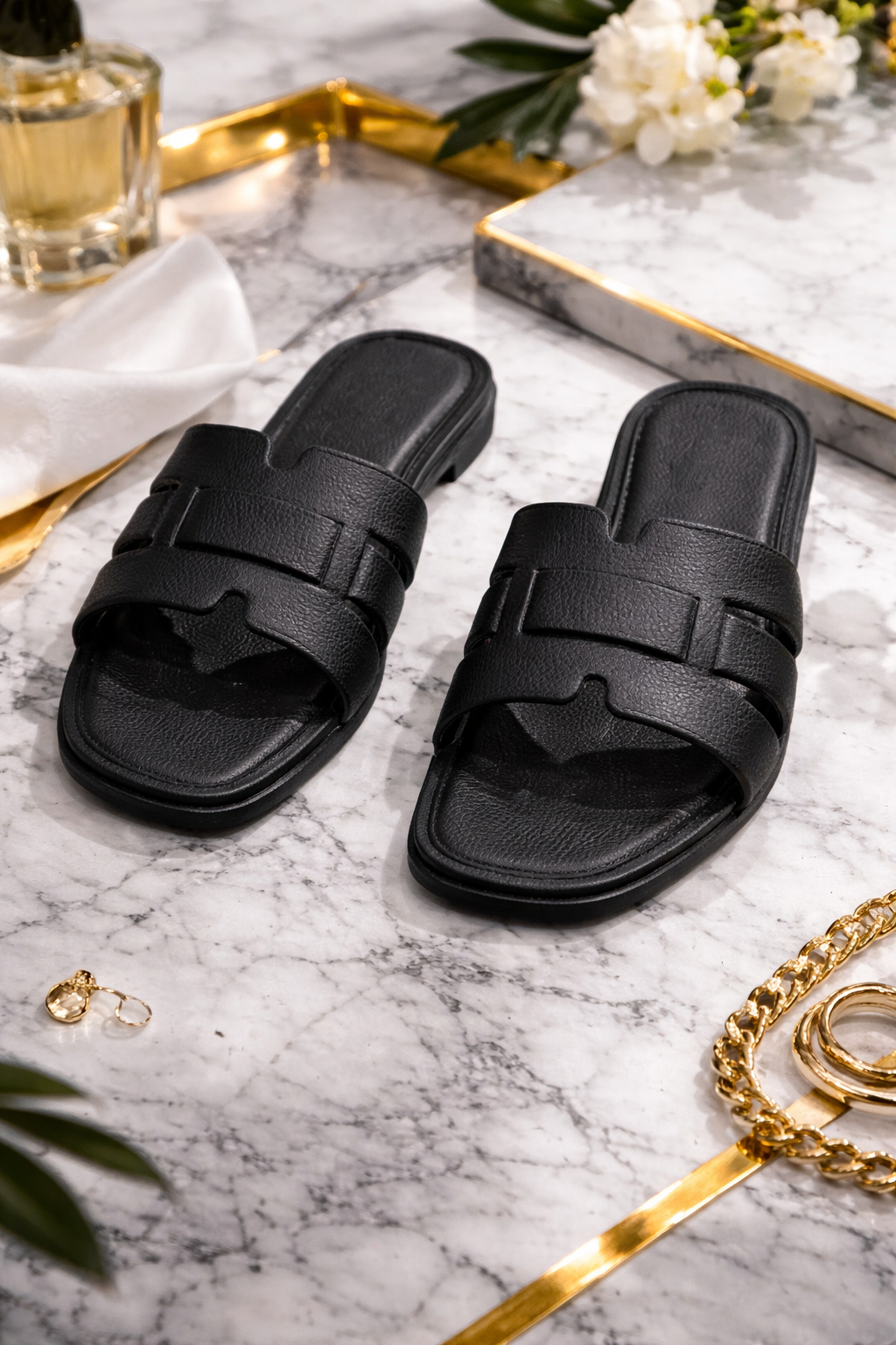 “Midnight Muse Luxe Slides”- black
