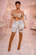 “Rope Me In Distressed Denim Shorts” (no stretch)