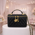 “Midnight Muse Quilted Vanity Bag” - black & gold