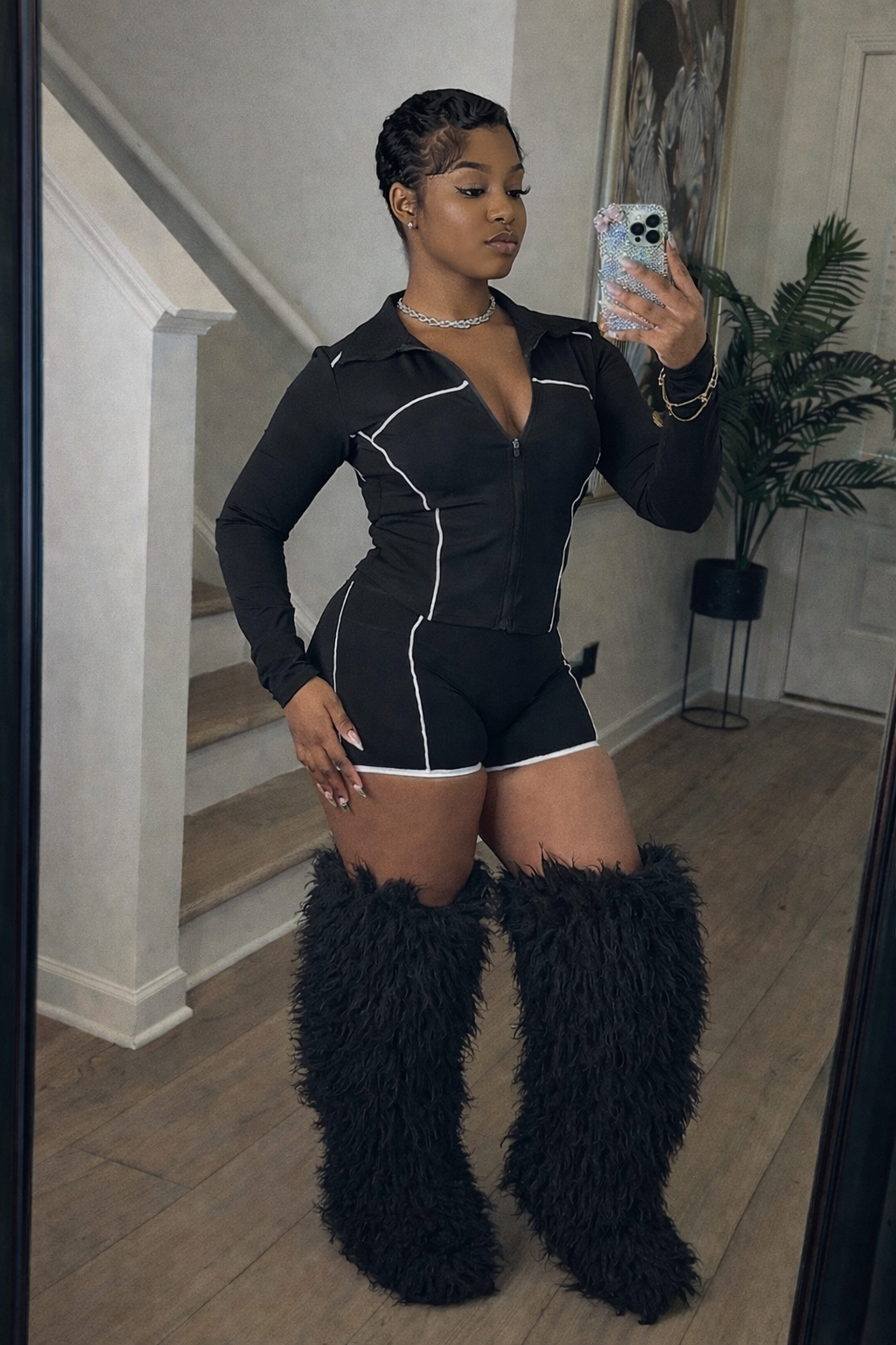 “Midnight Contour Zip Set” -black & white