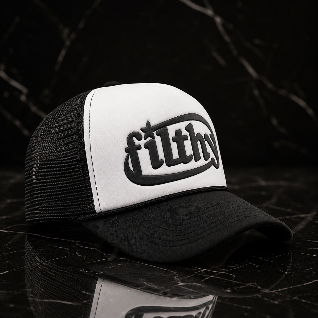 “Midnight Edge Trucker Hat”- black & white