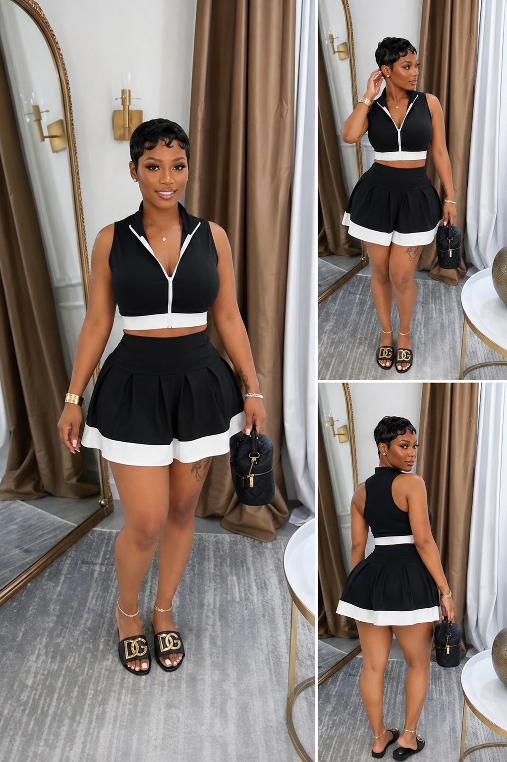 “Midnight Match Pleated Mini Skirt Set” - black & white
