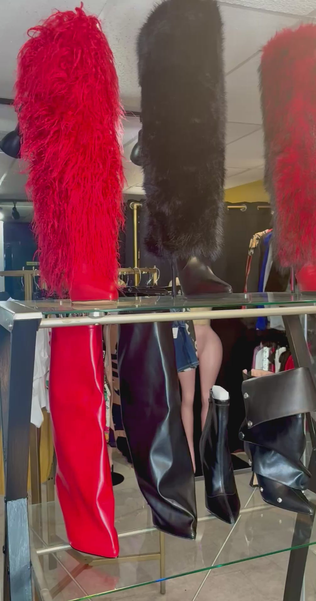 “Kinky Kurly” red stiletto fur boots