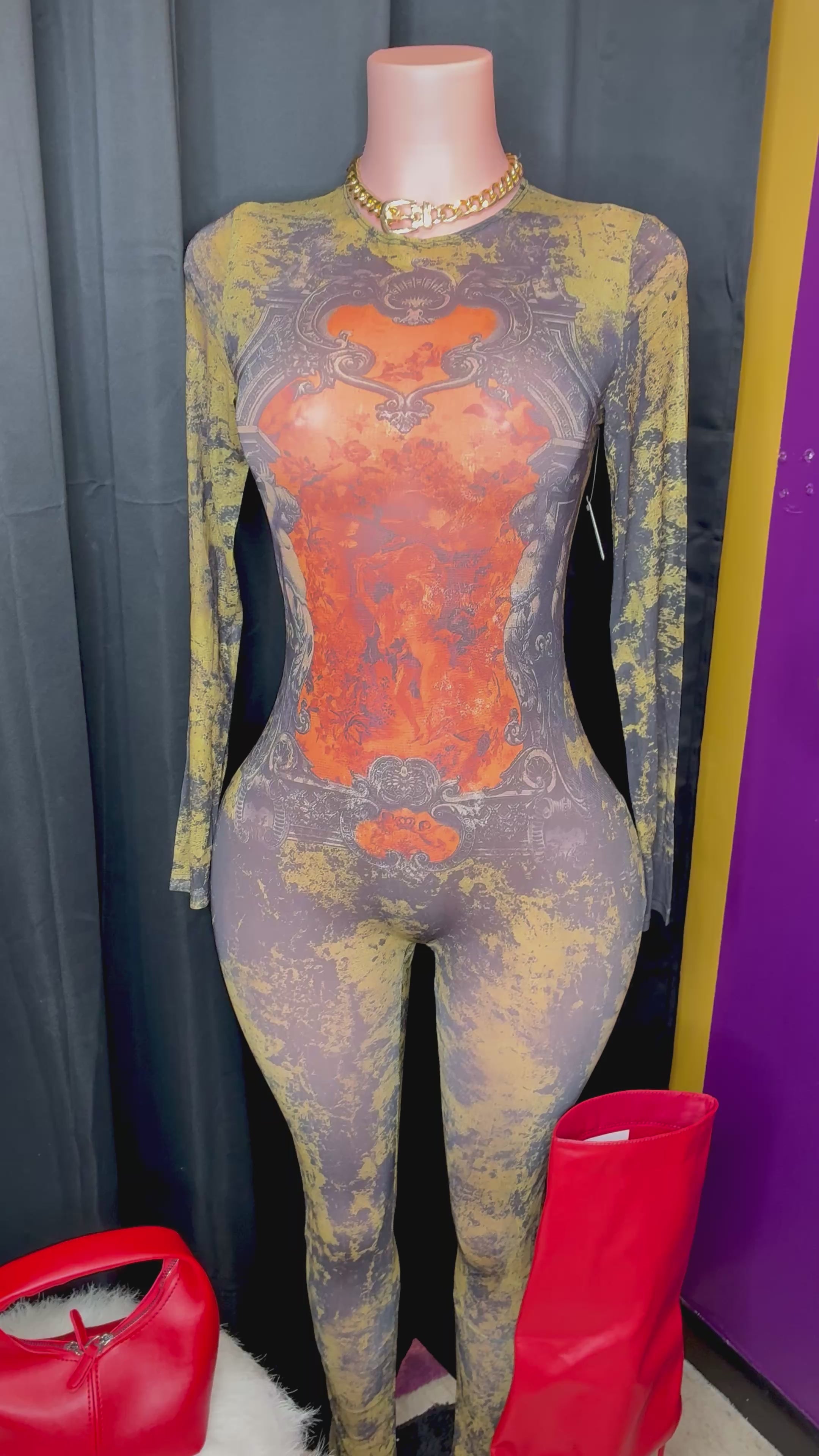 “Body language Only” reddish,olive, black jumpsuit